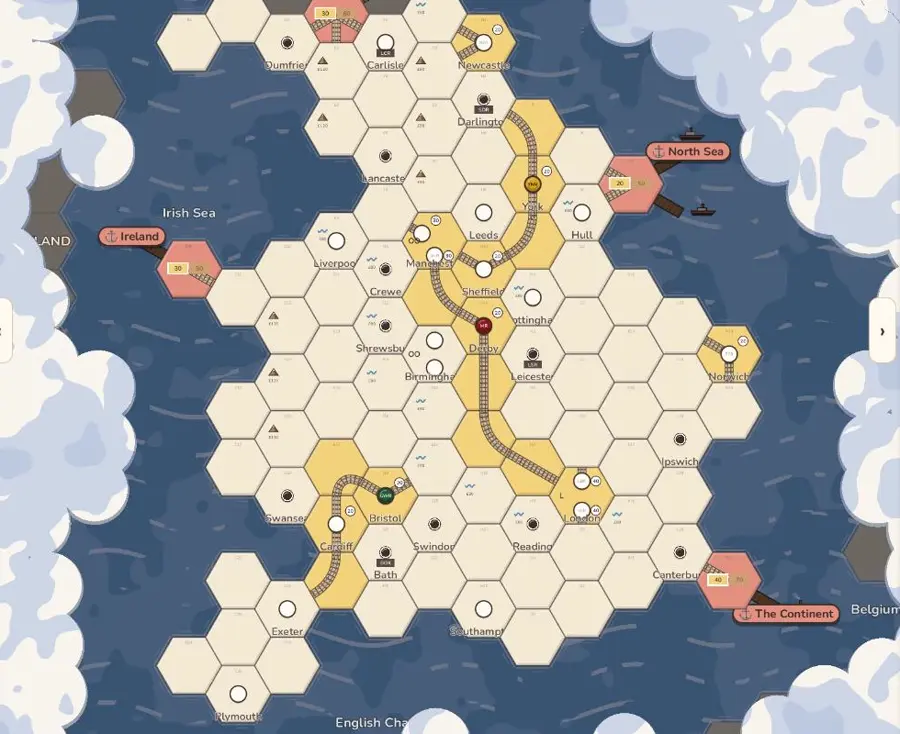 England and Wales mid-game, with track built between cities